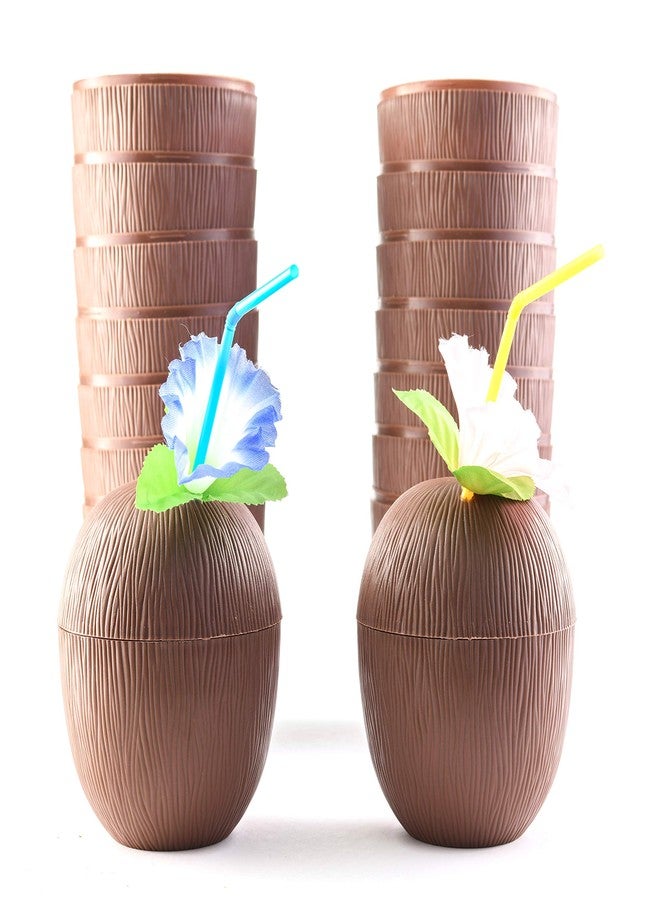 PREXTEX Coconut Cups with Flower Straws & Twist Close Lids (18 Pack, 16oz) for Luau Party Decorations, Pool Parties, Tropical Tiki Parties, Summer, Hawaiian Themed Party Decorations - Image 5